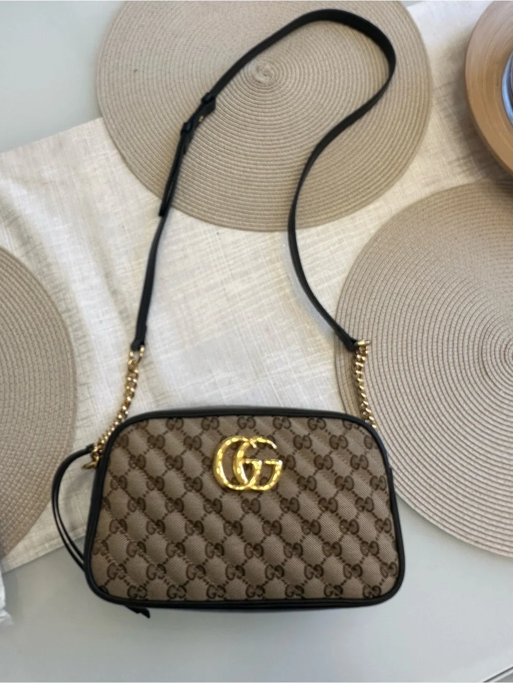 Gucci Beige GG Supreme Canvas Camera Bag with Black Trim
